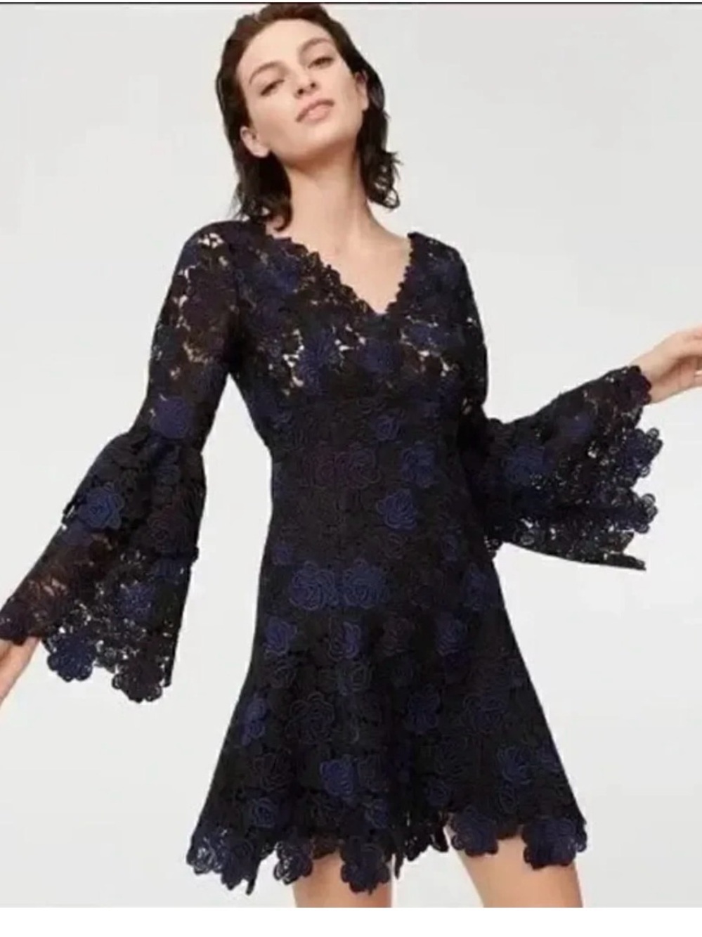 CLUB MONACO Kaelane Navy Lace Ruffle Midi Dress Size 10 Fit & Flare Whimsigoth - Picture 2 of 12